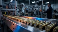 Industrial ammunition manufacturing line with brass cartridges on automated conveyor system in modern factory facility with worker monitoring production.