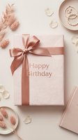 Elegant pink birthday gift box with satin ribbon bow, dried flowers, pearl jewelry and petals on a soft beige background.