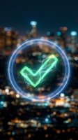 Glowing neon green checkmark with electric lightning effect inside a blue circle over a blurred night city bokeh background.