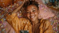 Happy young African American woman with dreadlocks smiling joyfully in golden yellow dress surrounded by colorful confetti celebration party atmosphere.