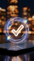 Glowing checkmark symbol with rainbow light effects and circular energy rings floating above smartphone screen against blurred city lights background.