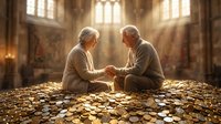 Two elderly Caucasian men in robes sitting together on golden coins in sunlit cathedral interior, representing wealth, wisdom and spiritual guidance.