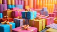 Colorful gift boxes with golden ribbons arranged in rows creating festive composition with soft focus background in pink, blue, and orange tones.