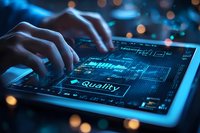 Hands typing on futuristic transparent digital tablet display showing quality control dashboard with glowing blue interface and bokeh light effects in dark setting.