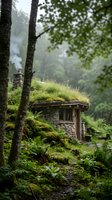 Rustic stone cottage with grass roof nestled in misty forest landscape, surrounded by moss-covered trees and lush vegetation, evoking remote woodland living and nature retreat aesthetics.
