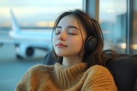 Young Asian woman relaxing with headphones at airport terminal during golden hour, peaceful travel moment with airplane view through window.