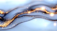 Luxurious abstract waves with golden glitter sparkles on blue background, flowing curved lines with shimmering light effects create elegant design pattern.