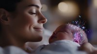 Tender moment between mother and newborn baby with magical sparkle overlay effect, showing emotional connection and maternal love in soft lighting atmosphere.