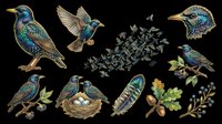Starling birds clipart set isolated on transparent background, featuring flock, feather, nest, and botanical elements, ready for t-shirts, stickers, and print on demand.