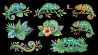 Colorful chameleons and tropical foliage isolated on transparent background. Ready for t-shirt design, clipart, stickers, sublimation, and print-on-demand projects. Multiple reptile poses with leaves and flowers.