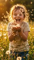 Young girl with light skin tone, approximately 6-8 years old, wearing casual clothing, blowing dandelion seeds in a sunlit meadow with golden hour lighting and bokeh effects.