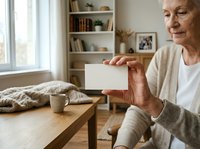 Senior woman with short gray hair, Caucasian ethnicity, holding blank white card in cozy home interior with wooden furniture, bookshelves, and natural window light for greeting or message display.