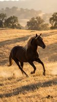 Majestic brown horse galloping through golden field at sunset with flowing mane and dramatic lighting creating warm atmospheric scene in rural countryside.