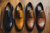 Four elegant leather oxford dress shoes in different shades from black to tan arranged in a row on wooden surface, showcasing classic brogue detailing and craftsmanship.