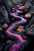 Vibrant pink and purple liquid flows through dark rocky terrain creating mesmerizing abstract patterns with golden accents and turquoise details in dramatic aerial view.