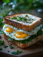 Homemade sandwich with two sunny side up eggs, fresh herbs and black pepper on toasted bread, served on wooden cutting board with natural lighting.