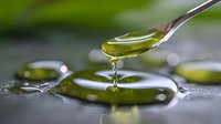 Dripping olive oil from metal spoon, close up view with water drops on dark surface. Healthy cooking concept with natural organic ingredients.