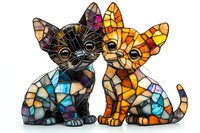 Colorful stained glass style cats figurines with mosaic pattern in black and orange colors sitting together on white background, isolated decorative design.