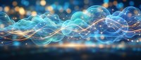 Abstract blue energy waves with glowing particles and light effects for digital technology backgrounds and futuristic design projects.