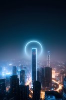 Futuristic cityscape with glowing neon halo above skyscraper at night, illuminated urban skyline with modern buildings and light trails from traffic below.