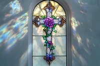 Ornate stained glass church window featuring cross with purple rose and climbing vines, illuminated by sunlight creating rainbow prism effects on wall.