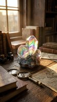Rainbow crystal cluster with magnifying glass on vintage wooden desk surrounded by old books and maps in warm sunlight streaming through window.