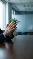 Businessman hands in prayer position during office meeting, expressing gratitude, meditation and mindfulness in corporate workplace environment.