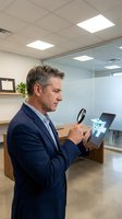 Middle-aged Caucasian businessman in navy suit examining tablet with magnifying glass in modern office environment for professional analysis and investigation.