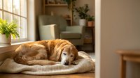 Golden retriever resting peacefully on a cozy mat in a bright, modern living room with natural sunlight and green plants in the background.