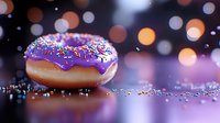 Glazed donut with purple frosting and colorful sprinkles on reflective surface against blurred bokeh lights background, scattered sprinkles create magical atmosphere.