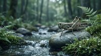 Large grasshopper perched on moss-covered rock beside flowing forest stream surrounded by lush green ferns and vegetation in natural woodland habitat.