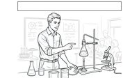 Young male scientist conducting experiment with laboratory equipment including microscope and beakers in research facility outline illustration.