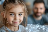 Young blonde girl smiling at camera with father figure blurred in background. Family bonding moment capturing childhood innocence and parental love at home.