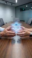 Diverse business professionals holding glowing digital cube hologram in modern conference room, representing technology innovation, data management, and collaborative teamwork for corporate solutions.