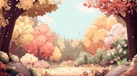 Enchanting autumn forest path with vibrant foliage in orange, pink, and gold tones, creating a serene natural corridor for seasonal outdoor designs.