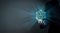 Businessman hand holding glowing geometric hexagon symbol with data network connections, representing digital transformation, innovation, and technology solutions for corporate business growth.