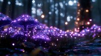 Glowing purple mushrooms in dark forest with magical bokeh lights creating enchanted woodland atmosphere. Mystical nature scene with luminescent fungi.