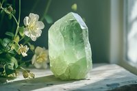 Raw green fluorite crystal point on wooden surface near window with delicate white flowers, natural sunlight creating ethereal atmosphere and soft shadows.
