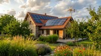 Eco-friendly house with solar panels and wind turbine in lush garden setting showcasing sustainable living and renewable energy technology for modern homes.