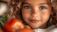 Young girl with bright blue eyes and curly hair smiling warmly at camera, with red tomato in soft focus foreground creating natural framing and depth. Fresh healthy lifestyle concept.
