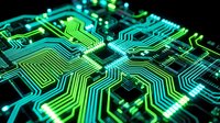Futuristic green circuit board with glowing electronic pathways and microchips for technology and computing concepts in modern digital design applications.