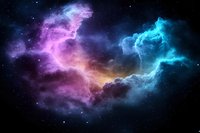 Vibrant cosmic nebula with swirling pink, purple and turquoise clouds against dark space background, illuminated by distant stars creating ethereal celestial formation.