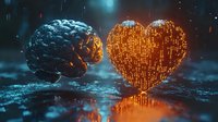 Digital brain meets glowing heart shape with binary code texture against dark background, representing artificial intelligence and emotional intelligence concept.