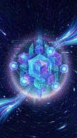 Futuristic blockchain network with glowing geometric cubes and digital connections in cyberpunk style with neon blue and purple light effects.