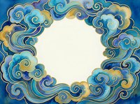 Ornate swirling cloud frame in blue and gold tones with empty center space for text or design elements on white background.