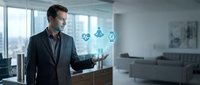 Man in business suit gesturing toward holographic digital icons in modern office environment, representing technology integration and corporate innovation solutions.