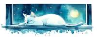 White cat sleeping peacefully on windowsill under full moon and starry night sky, watercolor style artwork with dreamy blue tones and splatter effects.