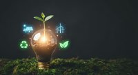 Eco-friendly light bulb with green plant sprouting from top surrounded by glowing sustainability icons on dark background for environmental concepts.