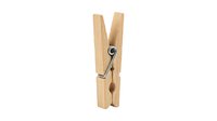 Wooden clothespin with metal spring mechanism isolated on white background, ready for laundry, textile drying, and design projects.