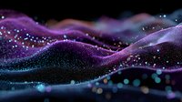 Abstract digital wave of purple and blue particles flowing against dark background, creating futuristic data visualization landscape.